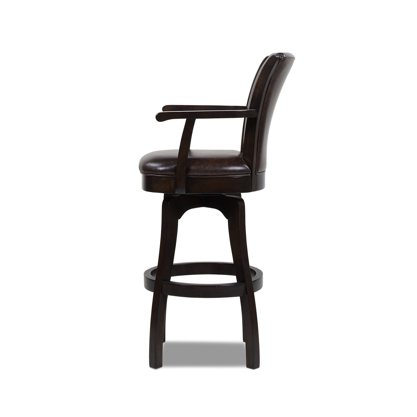 Brown leather upholstered swivel bar stool with dark wood base and arms