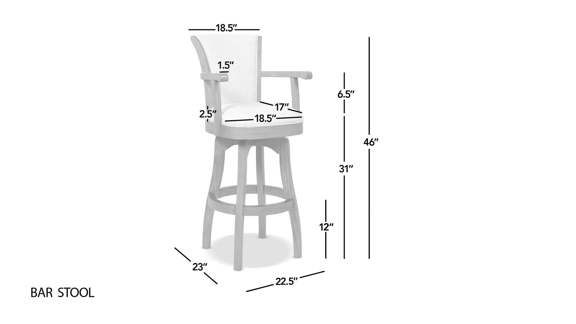 Light wood bar stool with a grey fabric upholstered seat and backrest perfect for kitchens