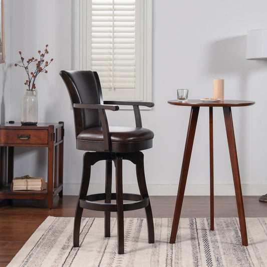 Dark brown faux leather swivel bar stool with wooden arms and base