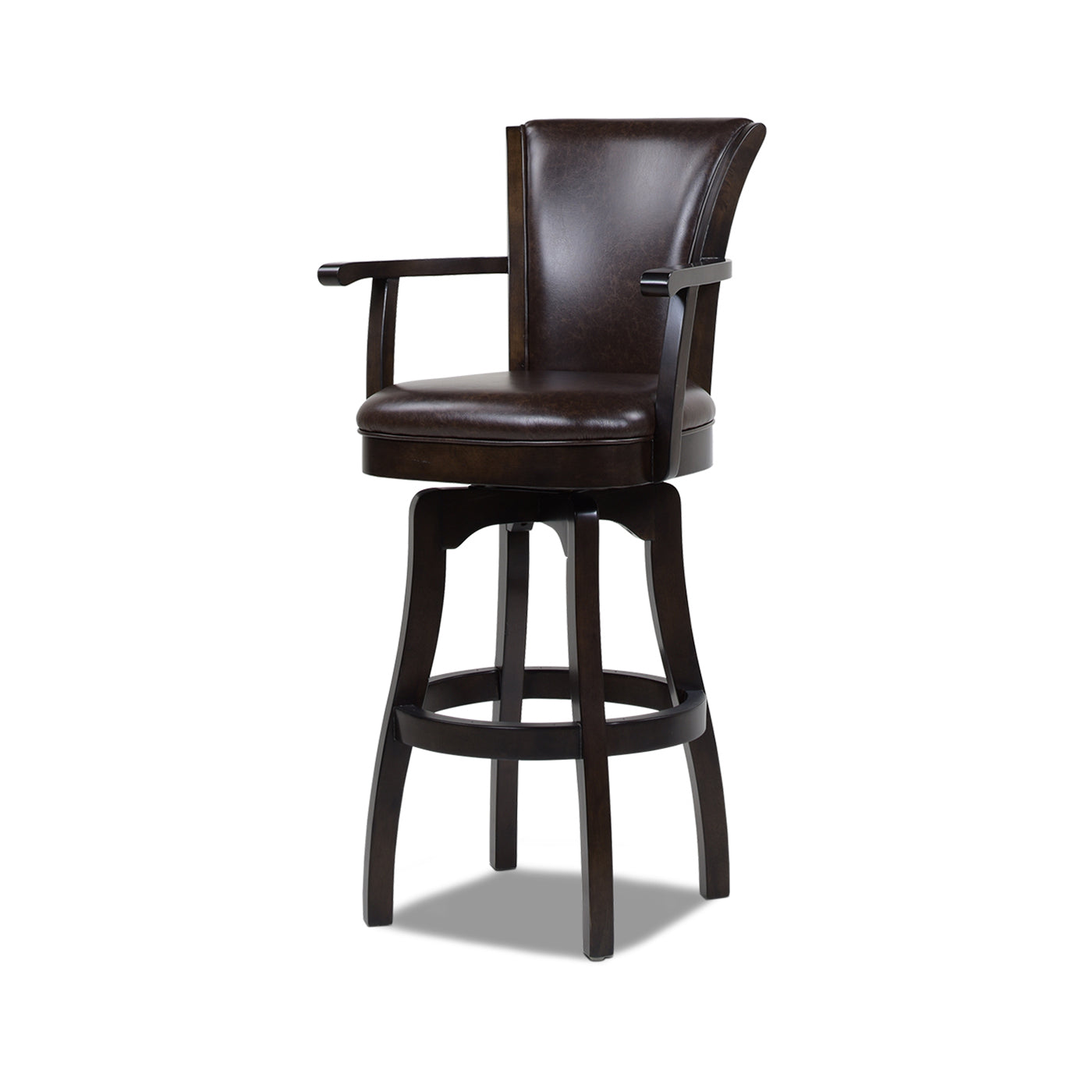 Brown leather swivel bar stool with dark wood frame and arms