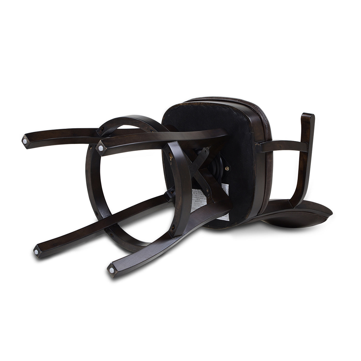 Dark wood bar stool base with upholstered seat flipped upside down