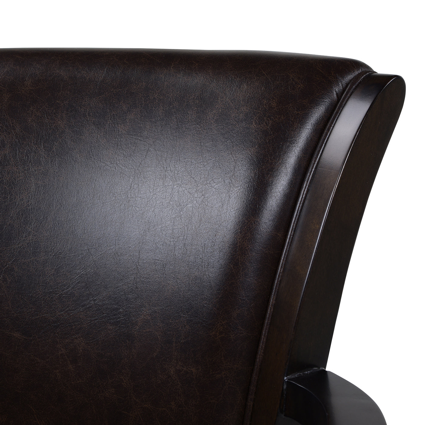 Dark brown leather armchair back with curved wooden trim detail