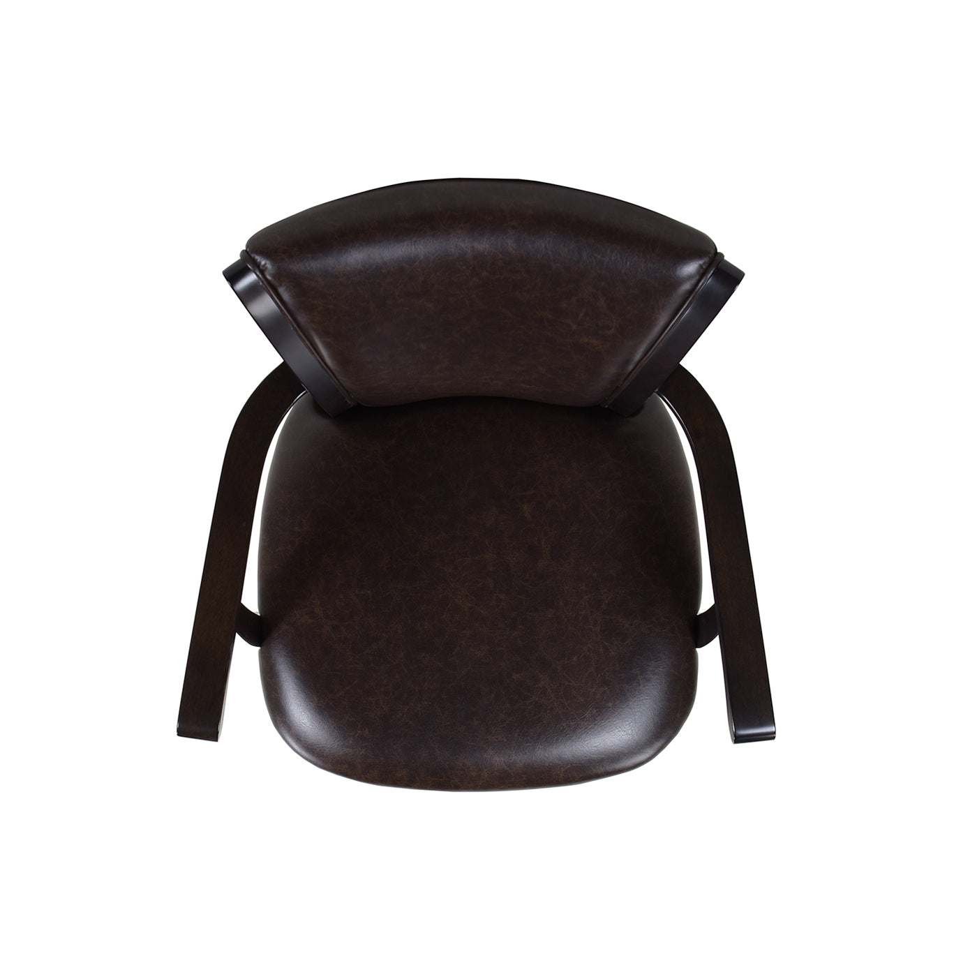 Top view of a dark brown faux leather bar stool with a curved back and wooden legs