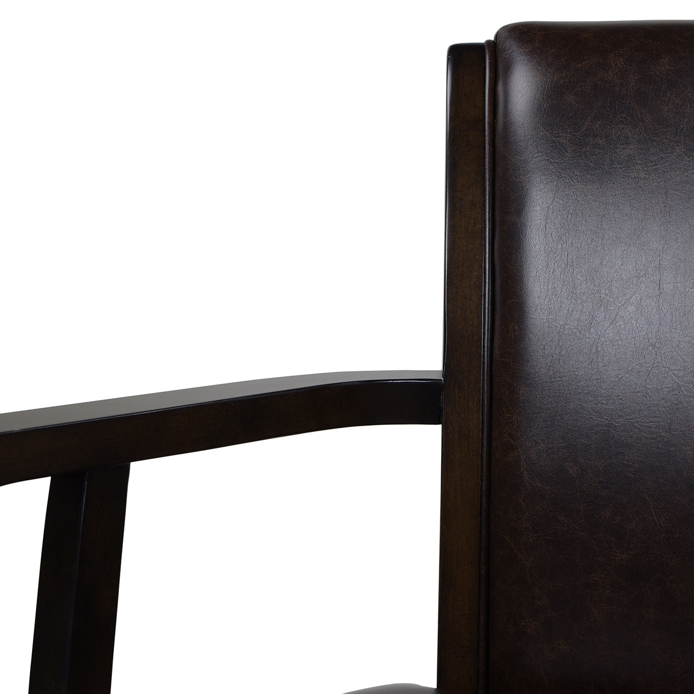 Dark brown faux leather armchair with wooden frame detail