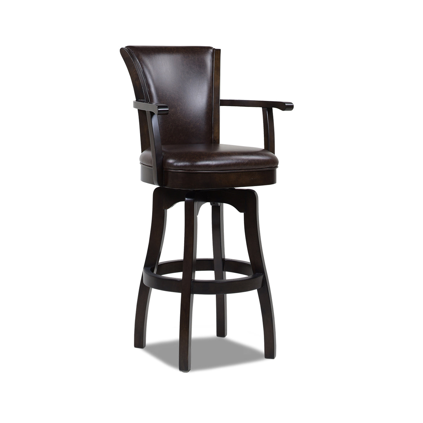 Dark brown faux leather swivel bar stool with wooden legs and arms