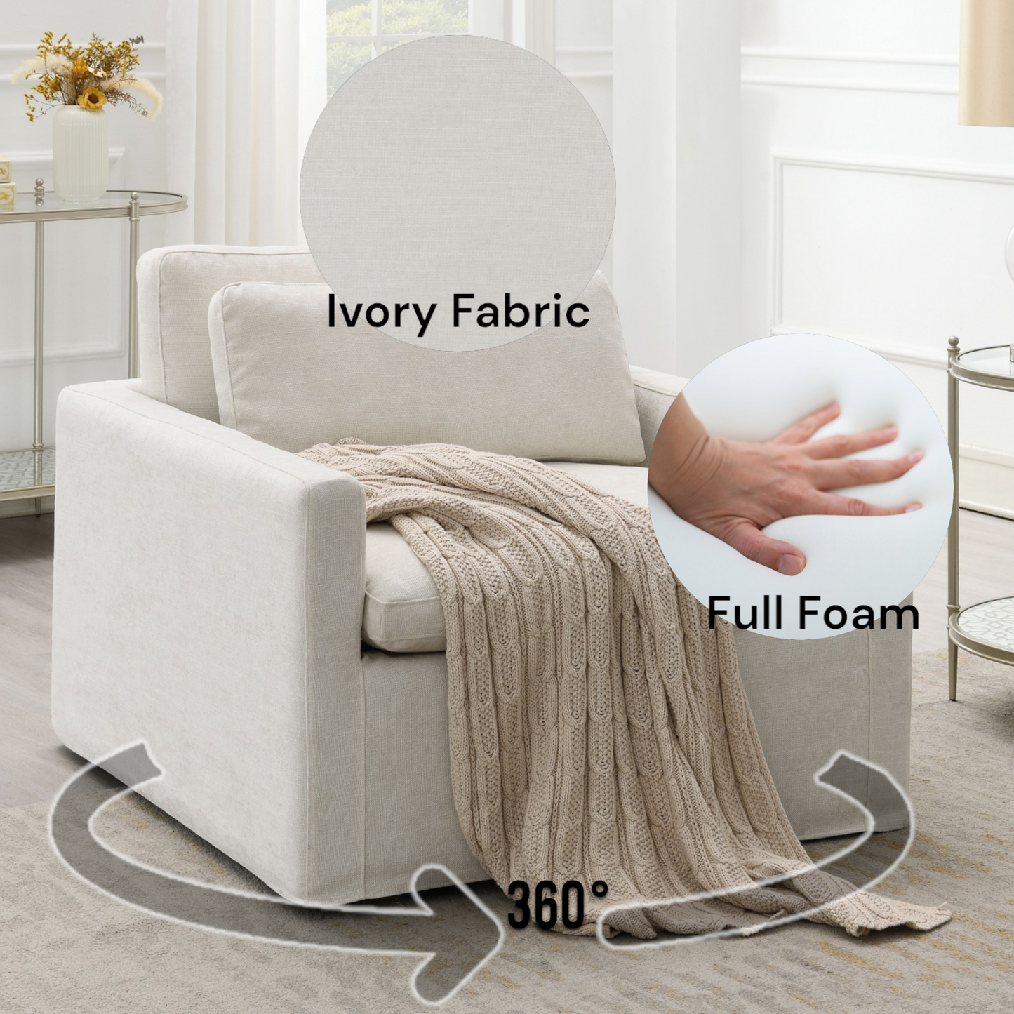 Comfortable ivory fabric swivel accent chair with a plush full foam cushion