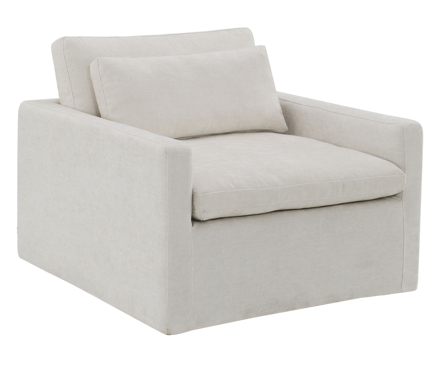 Textured beige linen armchair with plush seat and back cushions ideal for living room comfort