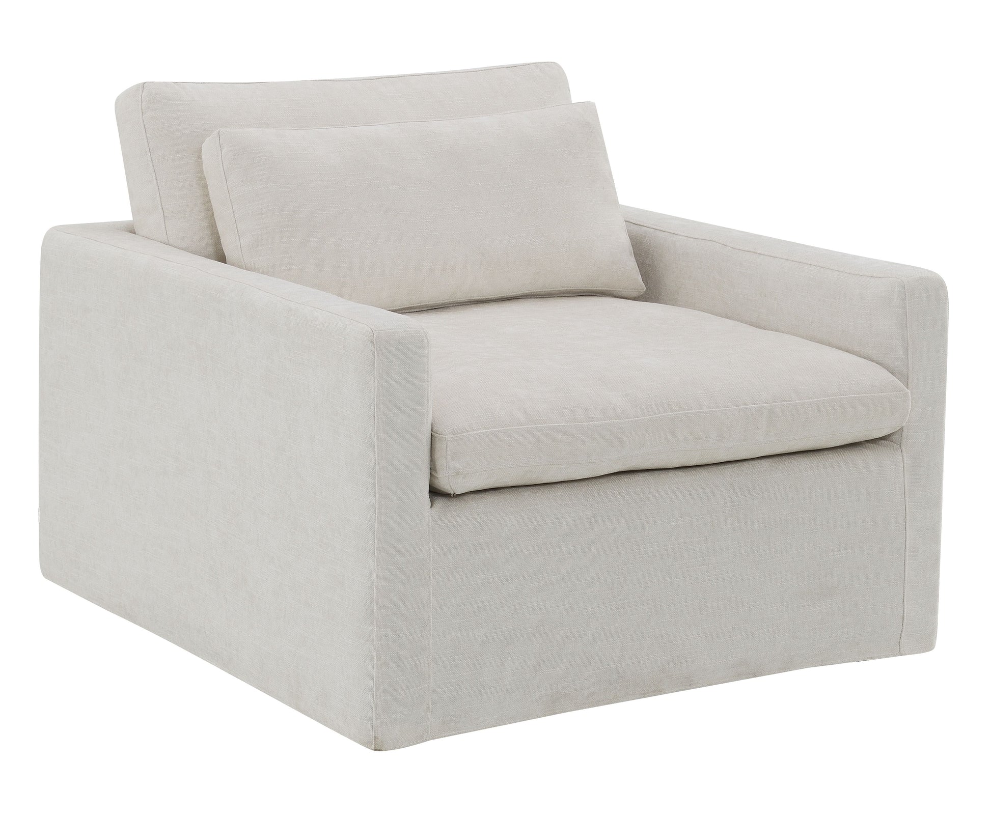 Textured beige linen armchair with plush seat and back cushions ideal for living room comfort