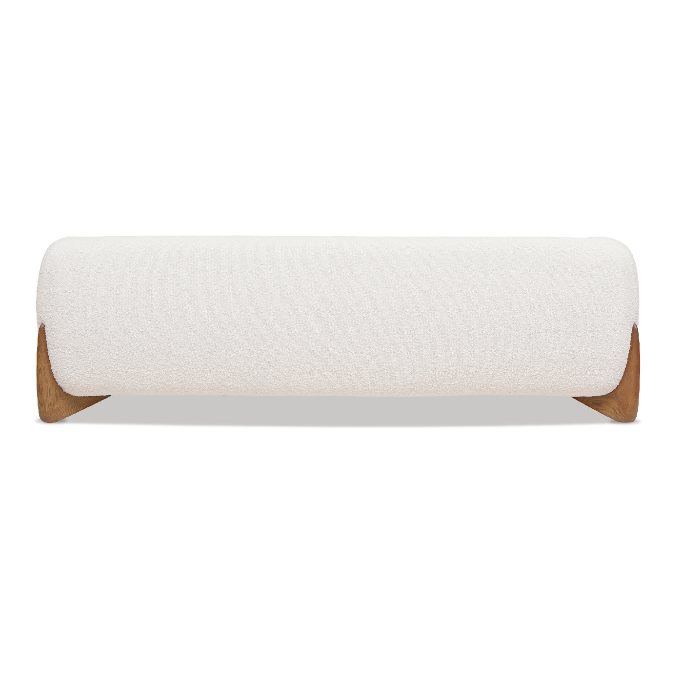 Textured offwhite boucle ottoman with curved wooden legs a modern accent piece