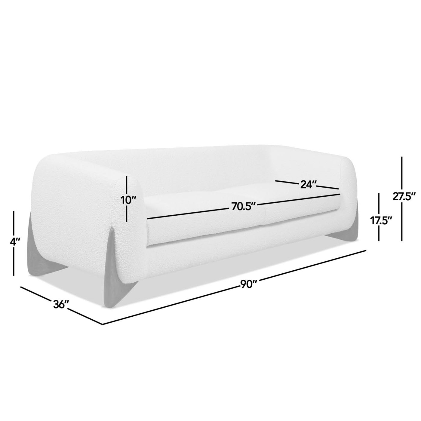 White boucle sofa with curved arms and silver legs  inches long