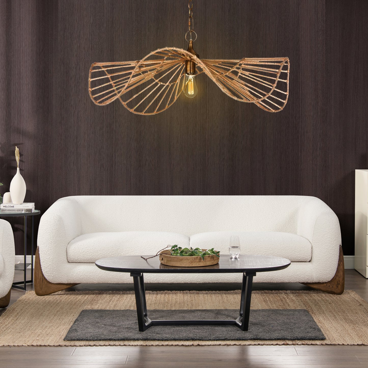 Modern boucl fabric sofa in white with wood accents featuring a sleek silhouette