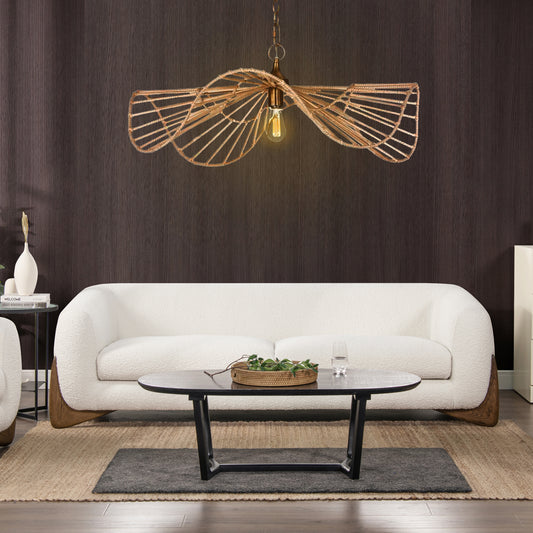 Modern boucl fabric sofa in white with wood accents featuring a sleek silhouette