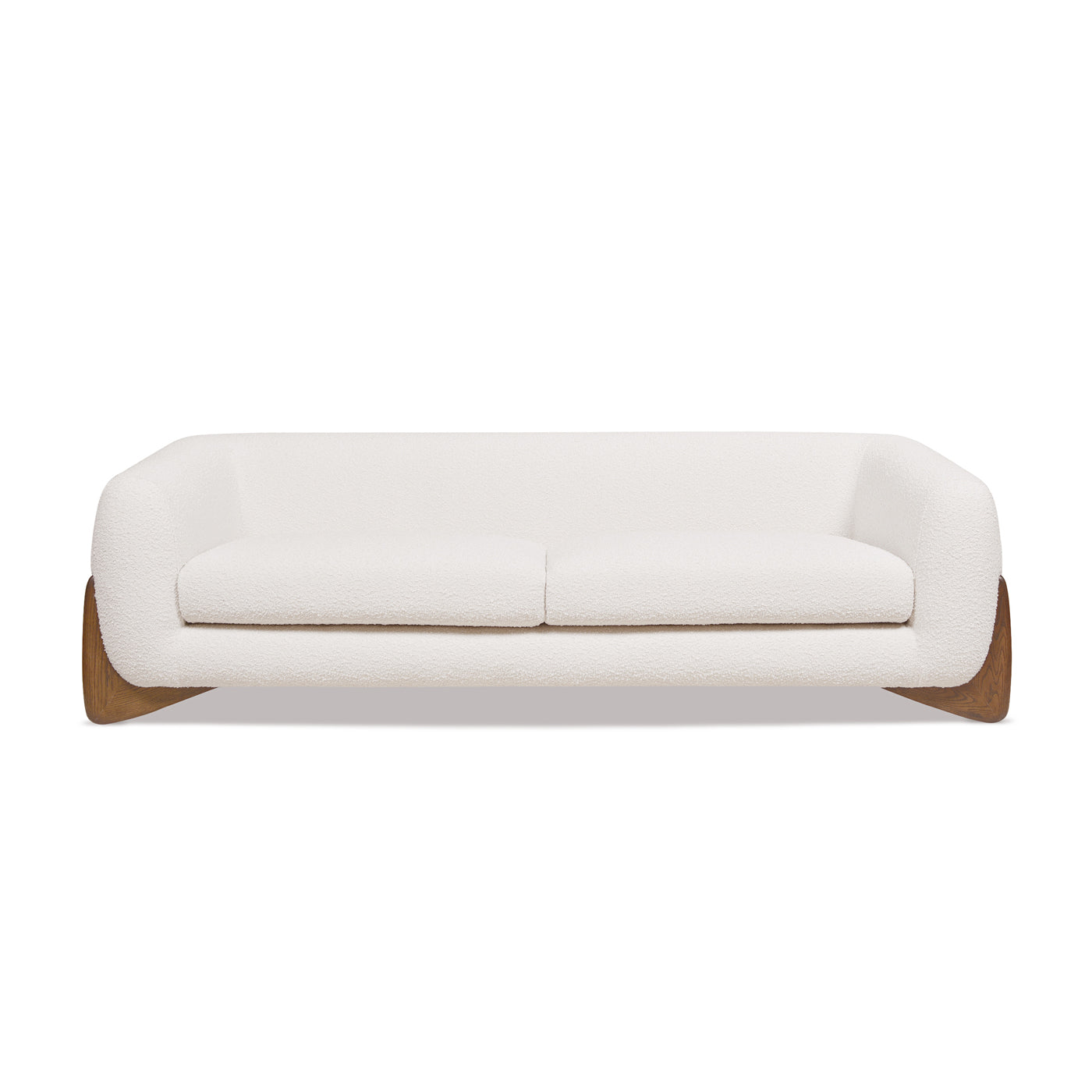 Cream boucle fabric sofa with curved arms and wood base legs