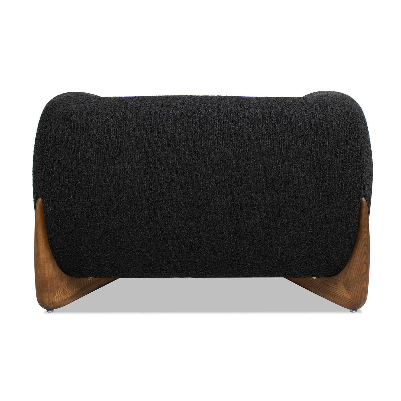 Black boucle upholstered bench with curved wood legs modern design