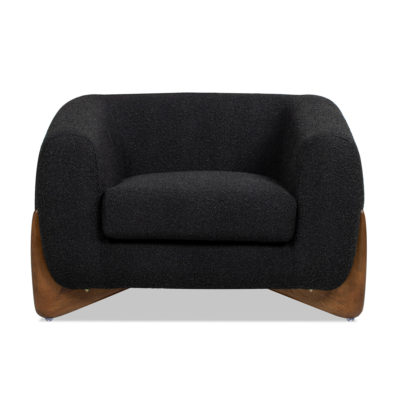 Modern black boucl accent chair with curved arms and wooden legs