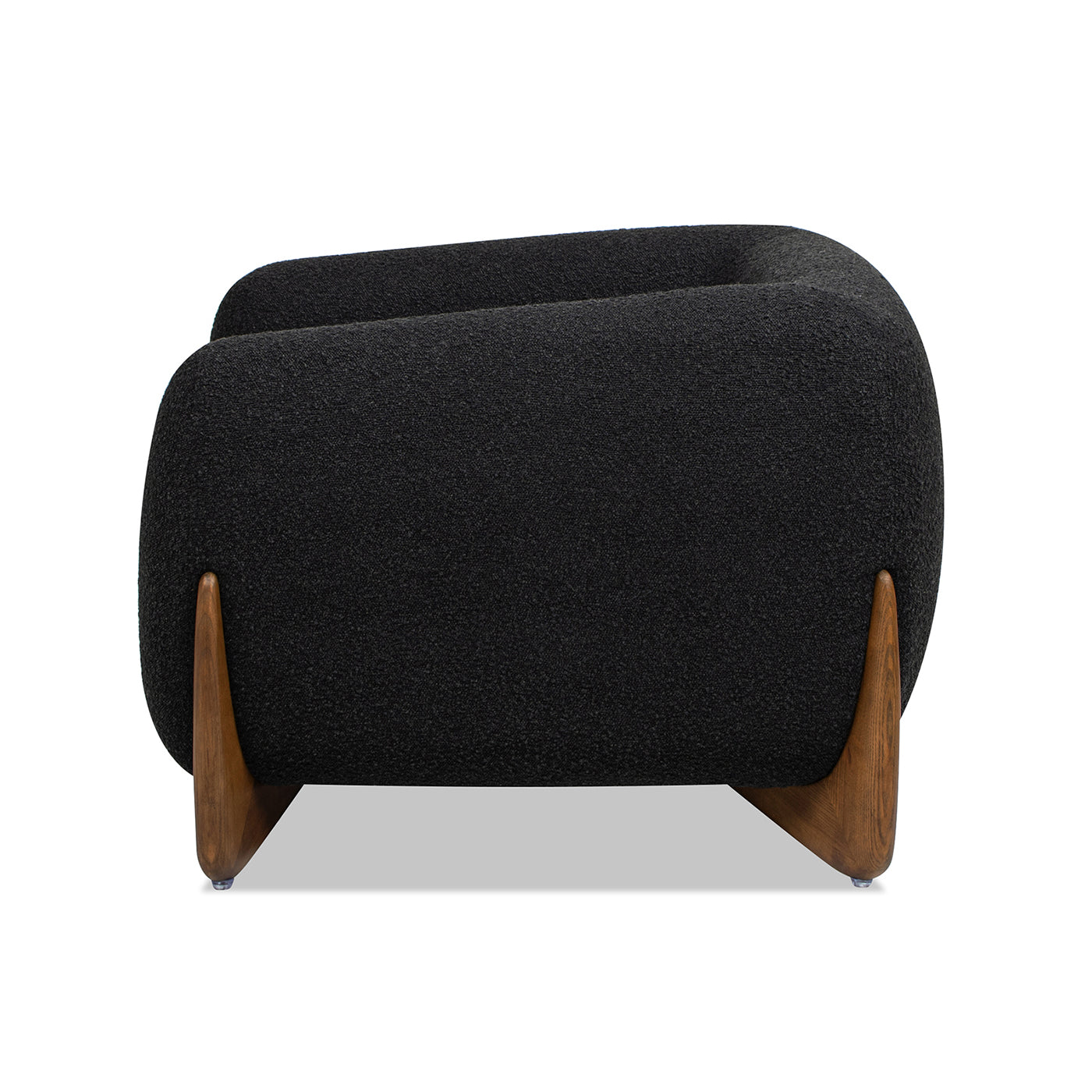 Black boucle fabric armchair with sculpted wooden legs modern lounge chair