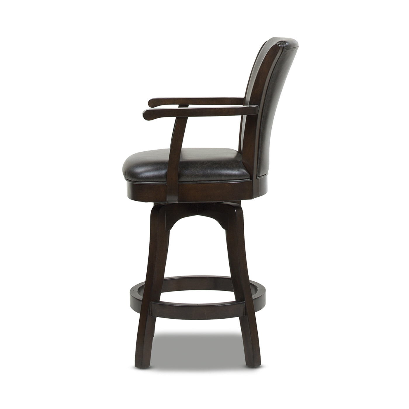 Dark brown leather upholstered swivel bar stool with wooden arms and base
