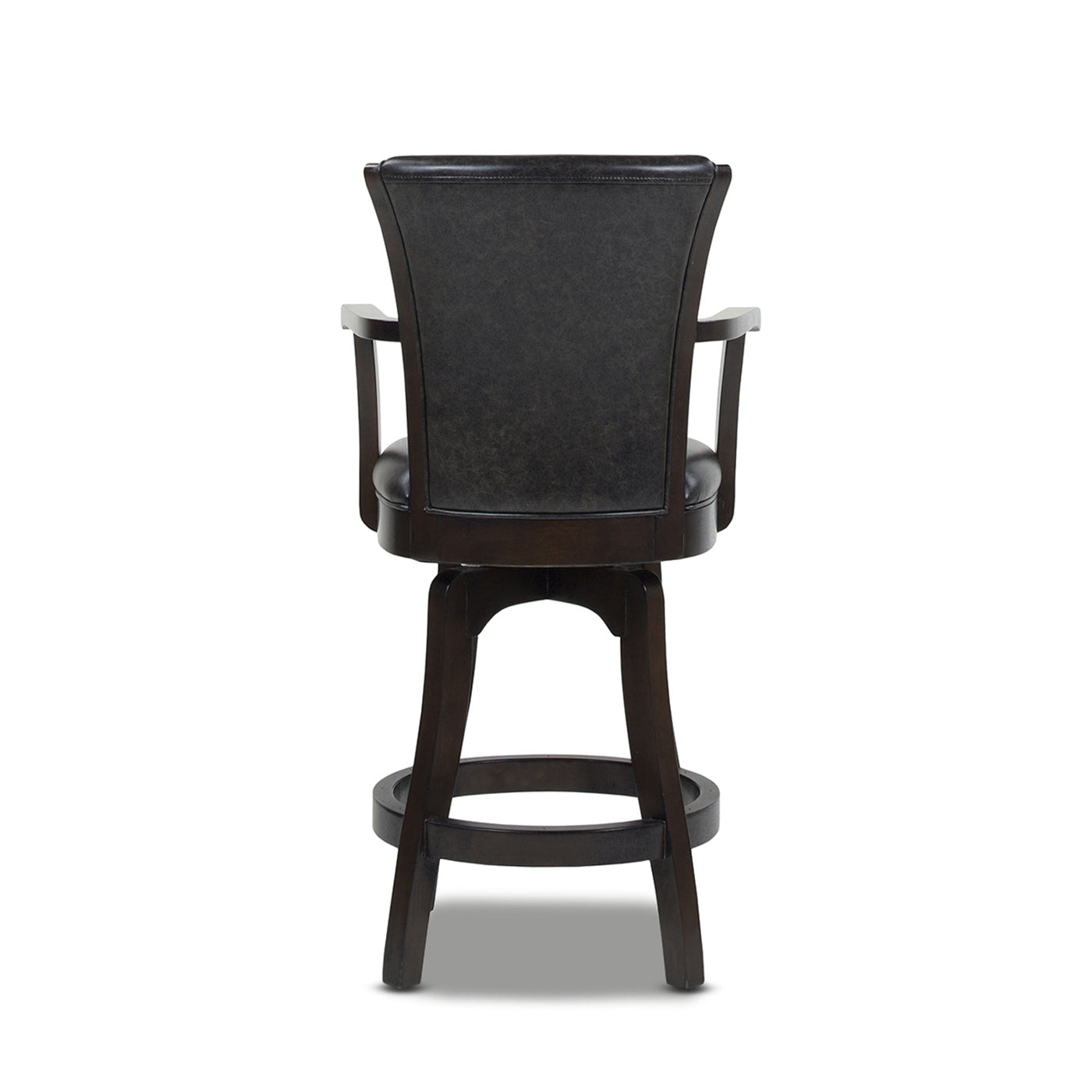 Dark brown upholstered swivel bar stool with wooden base