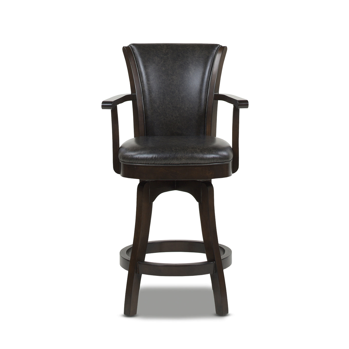 Dark brown leather swivel bar stool with wooden frame and arms