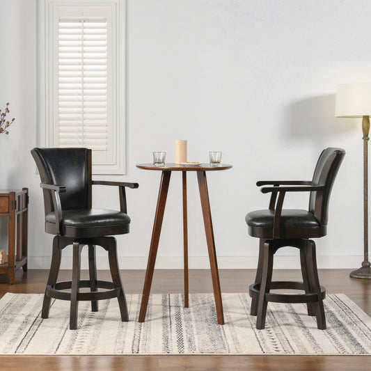 Dark brown leather swivel bar stool with wooden base and arms