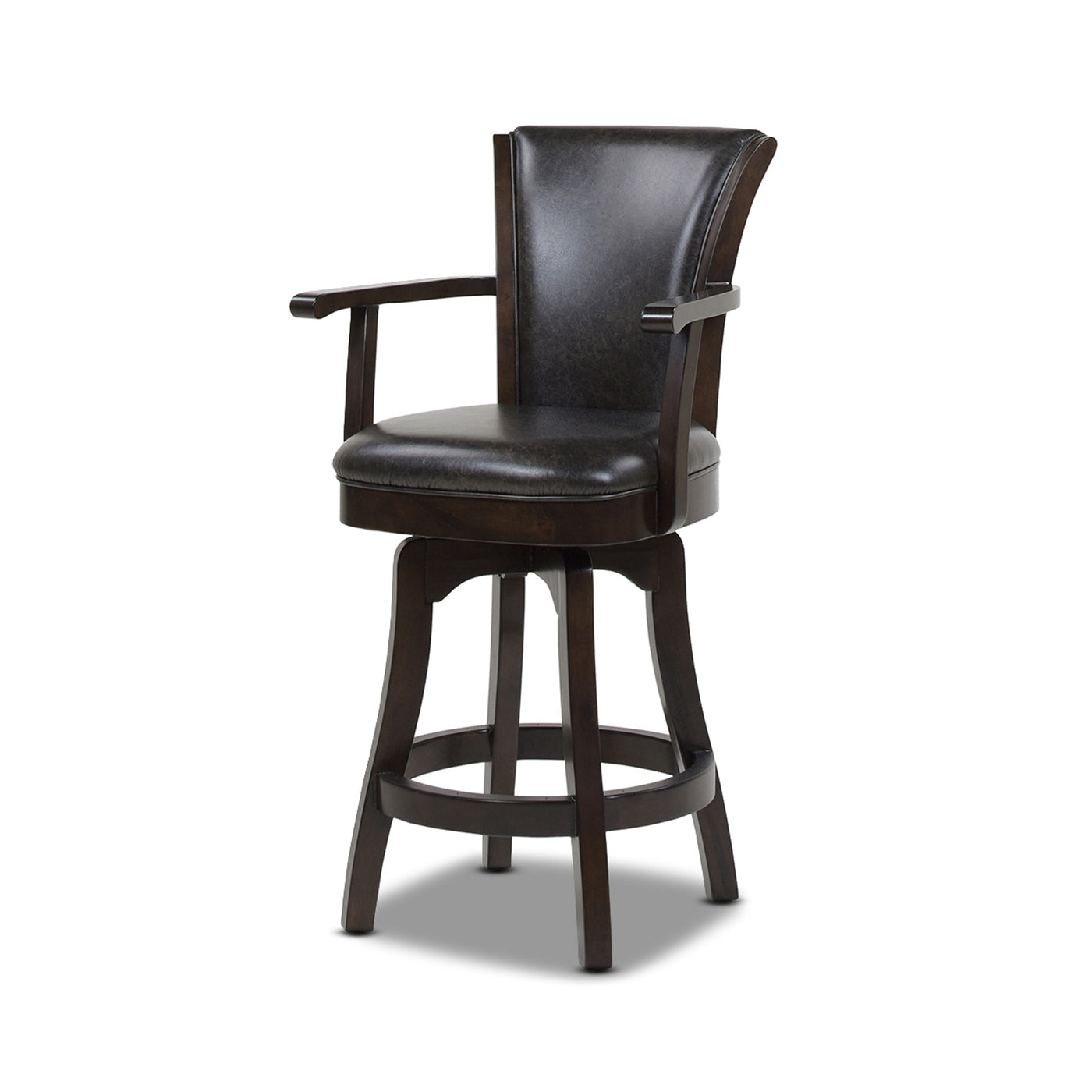 Dark brown faux leather swivel bar stool with wooden arms and base