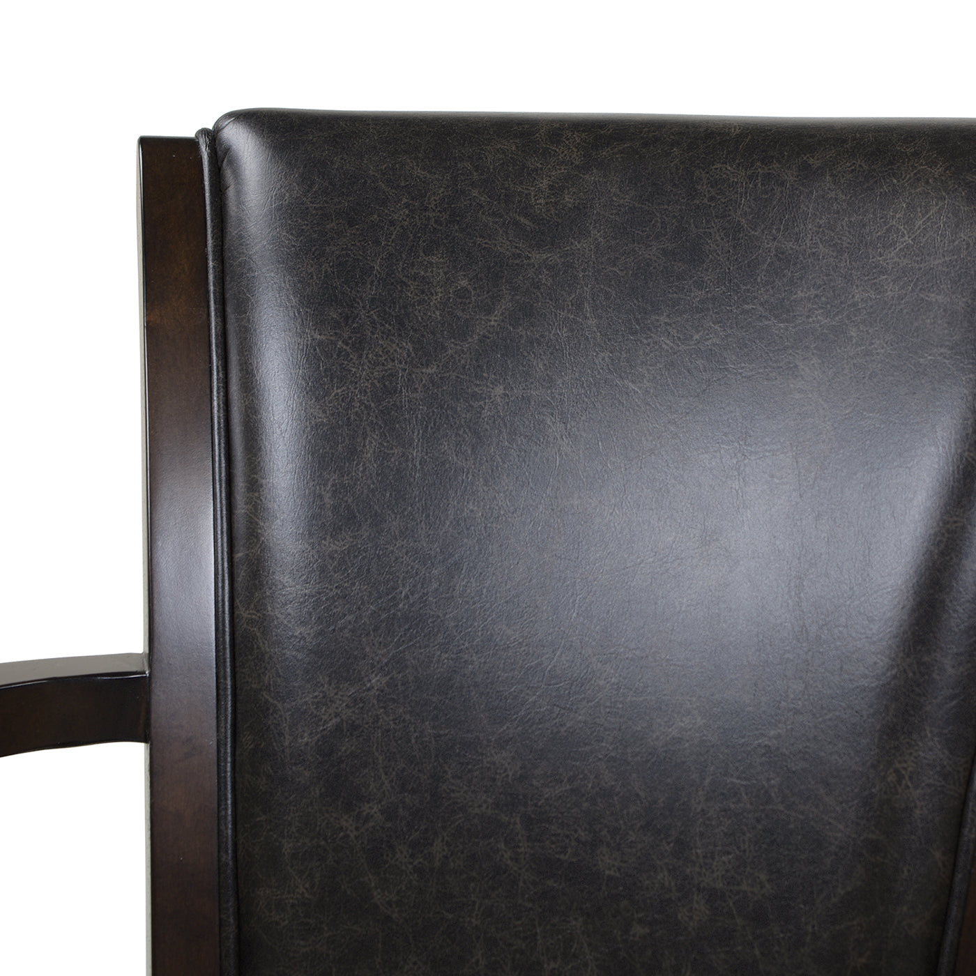 Dark brown leather armchair back with wooden frame detail