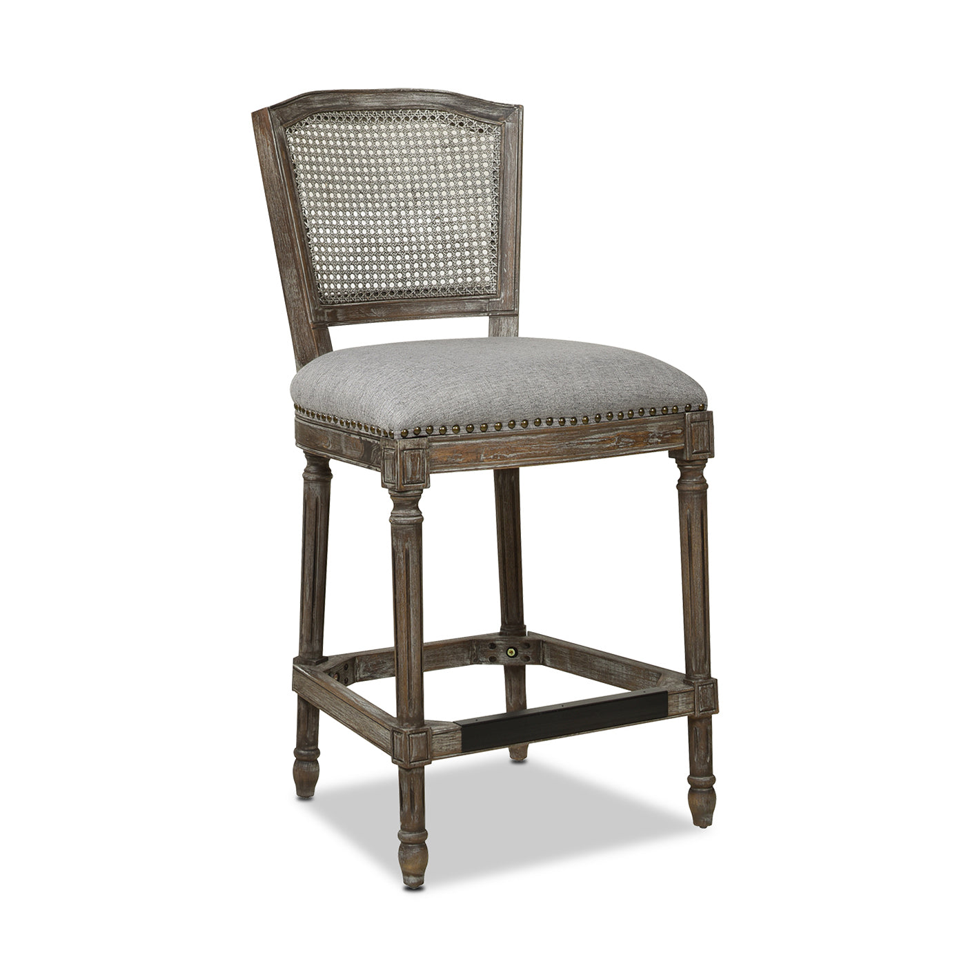 French country bar stool with grey upholstered seat and cane backrest