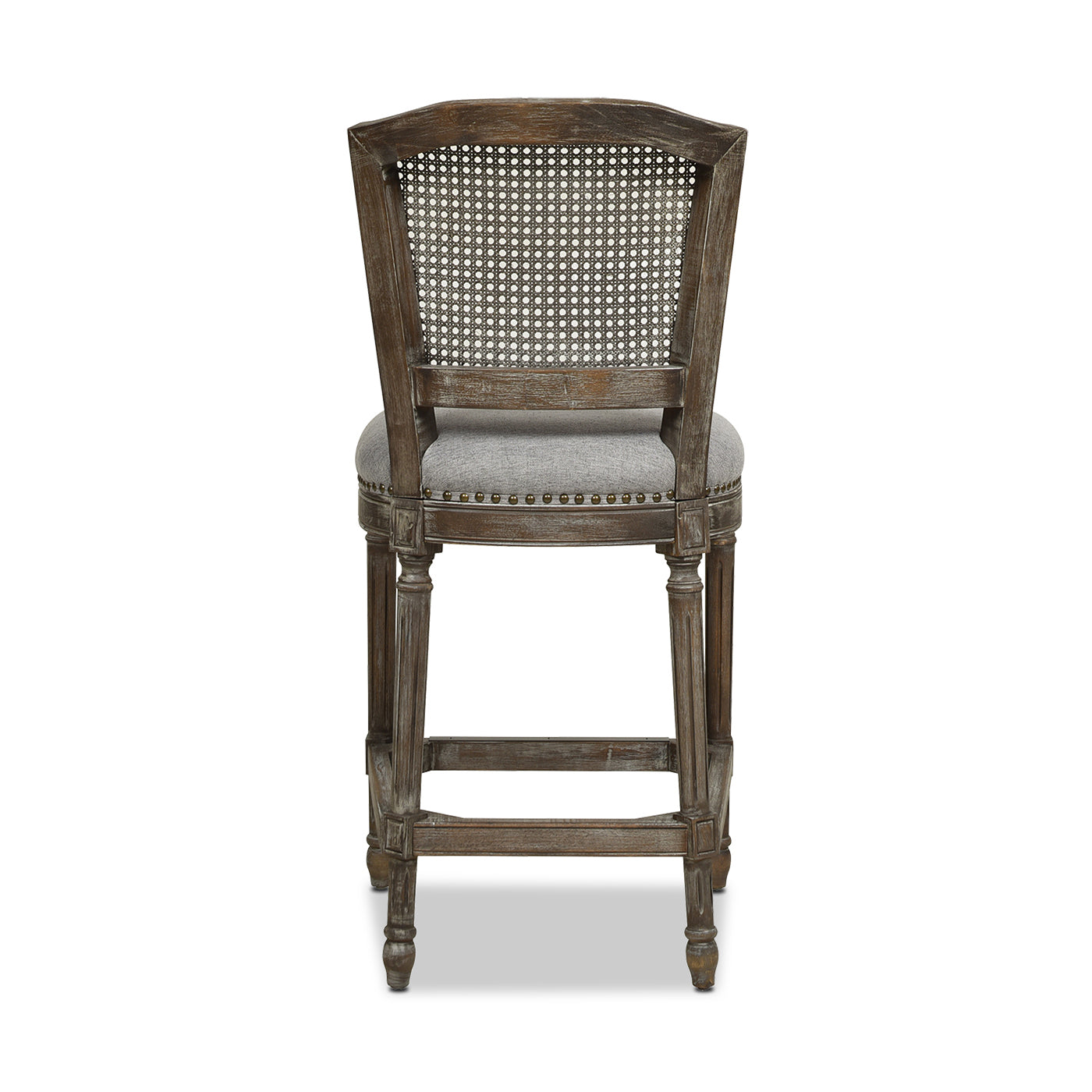 Brown wooden bar stool with grey upholstered seat and cane back