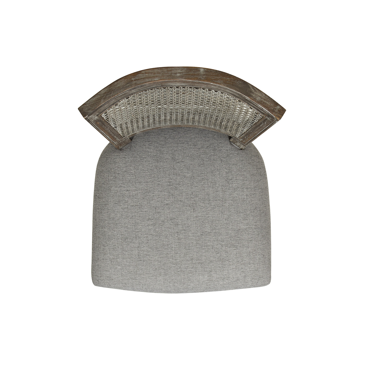 Top view of a rustic wood and gray wicker accent chair with a linen seat