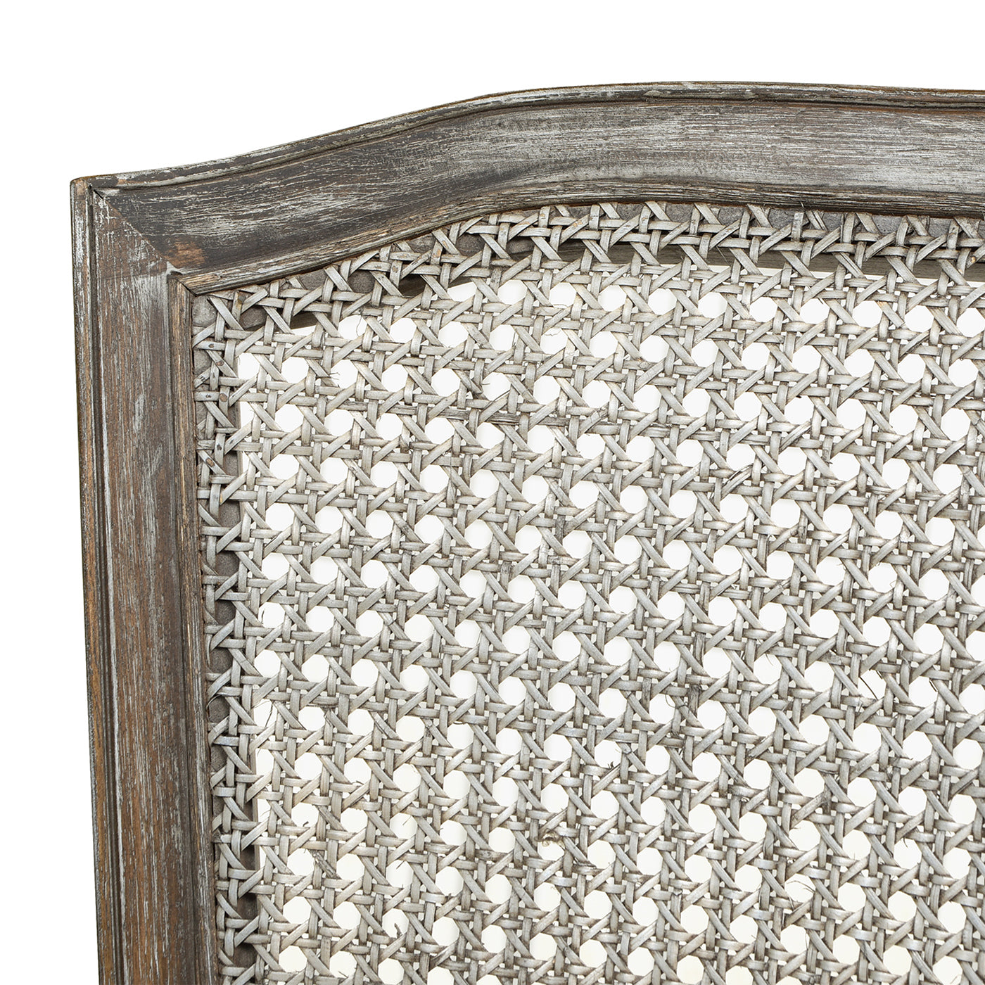 Distressed grey wooden frame surrounding a tightly woven cane panel for accent chairs