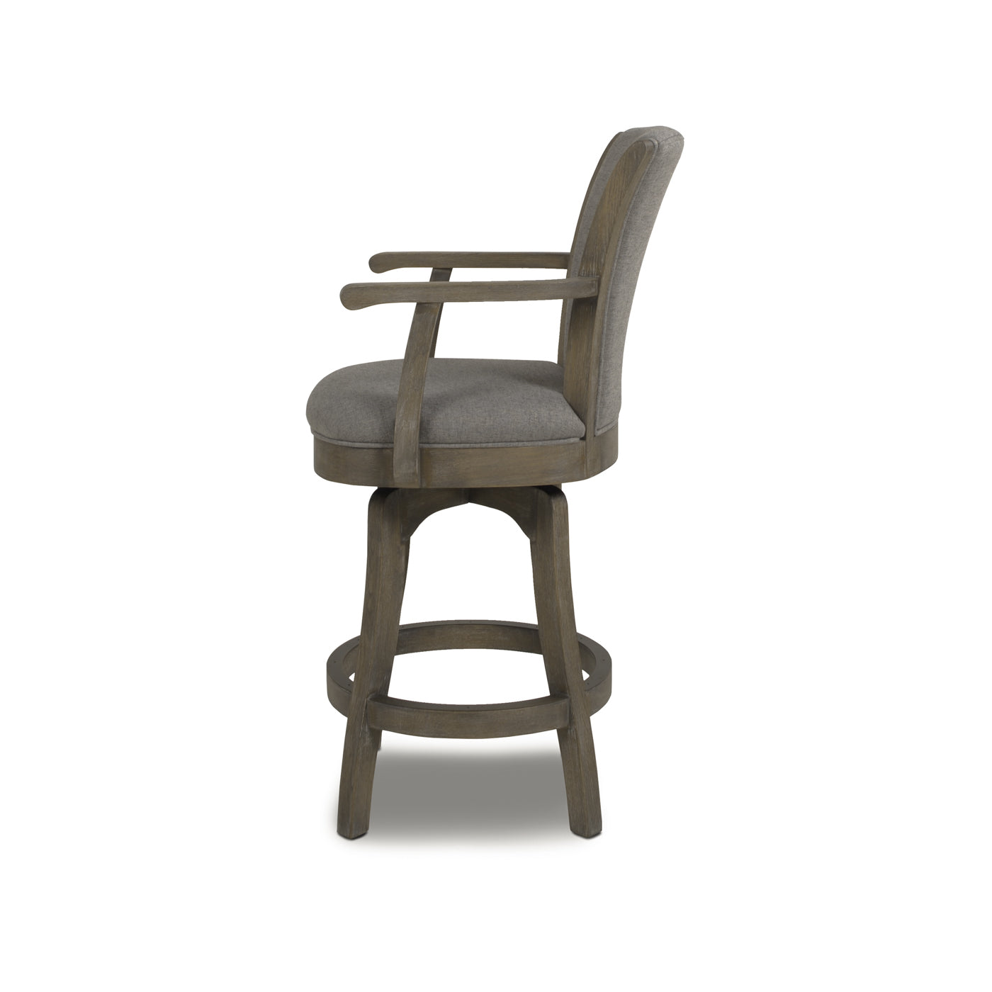 Gray upholstered swivel bar stool with wooden arms and legs