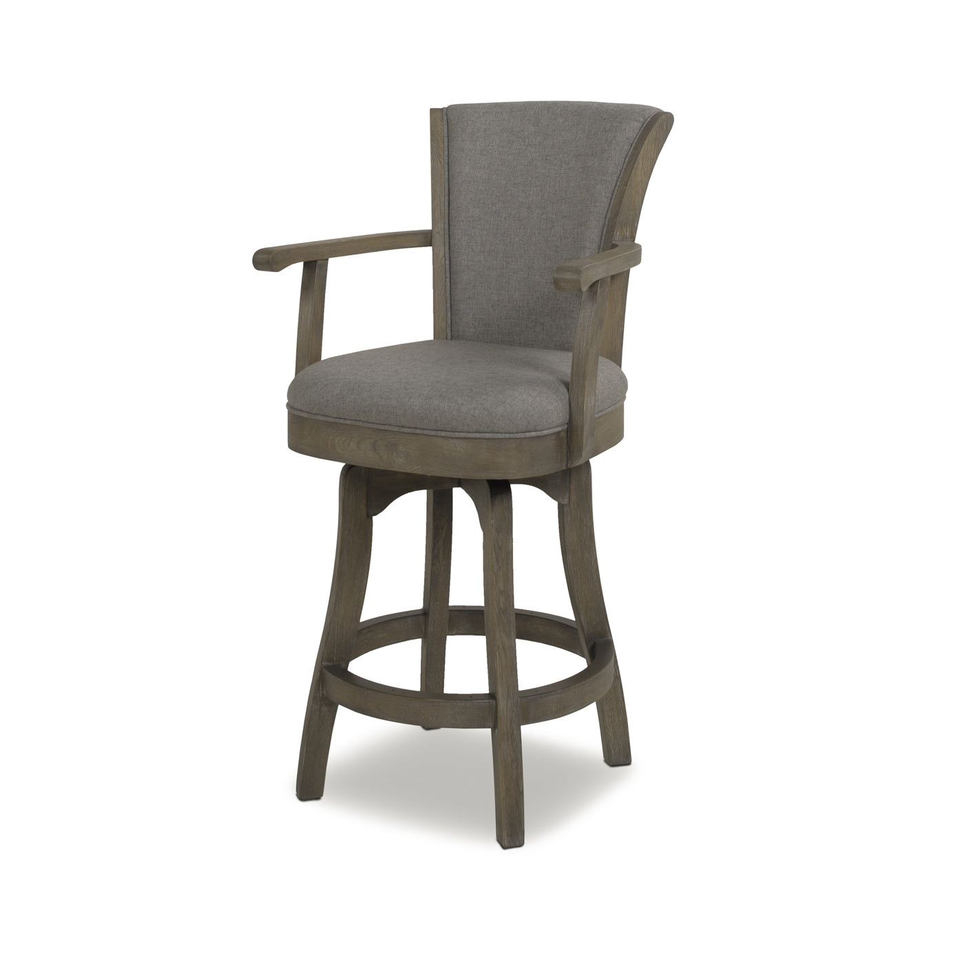 Gray upholstered swivel bar stool with wooden base and arms