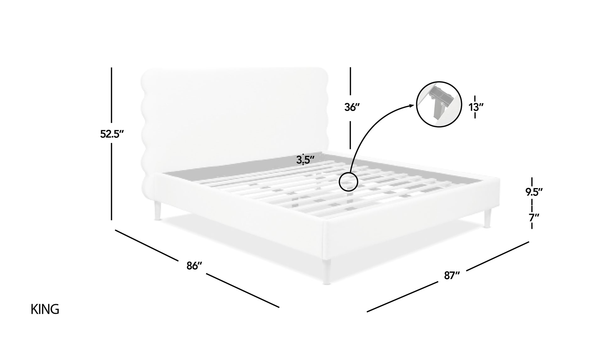 King size platform bed frame with white upholstered headboard and wooden slats for mattress support