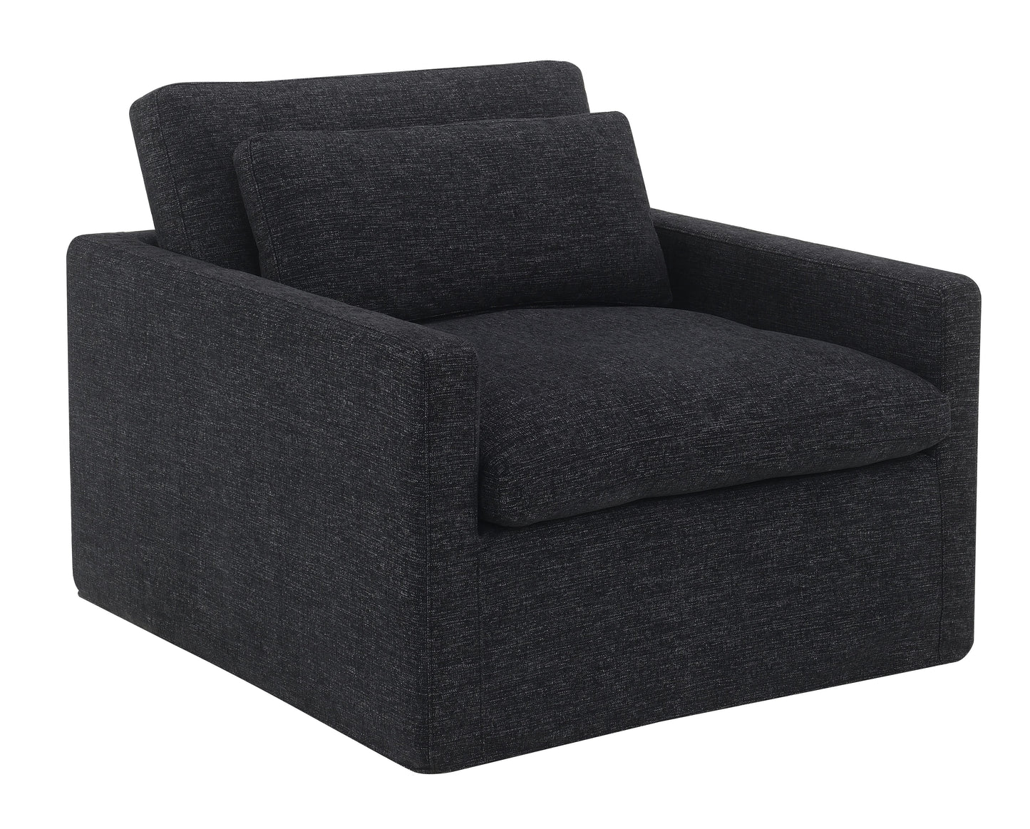 Dark charcoal fabric armchair with plush seat and back cushions for modern living rooms
