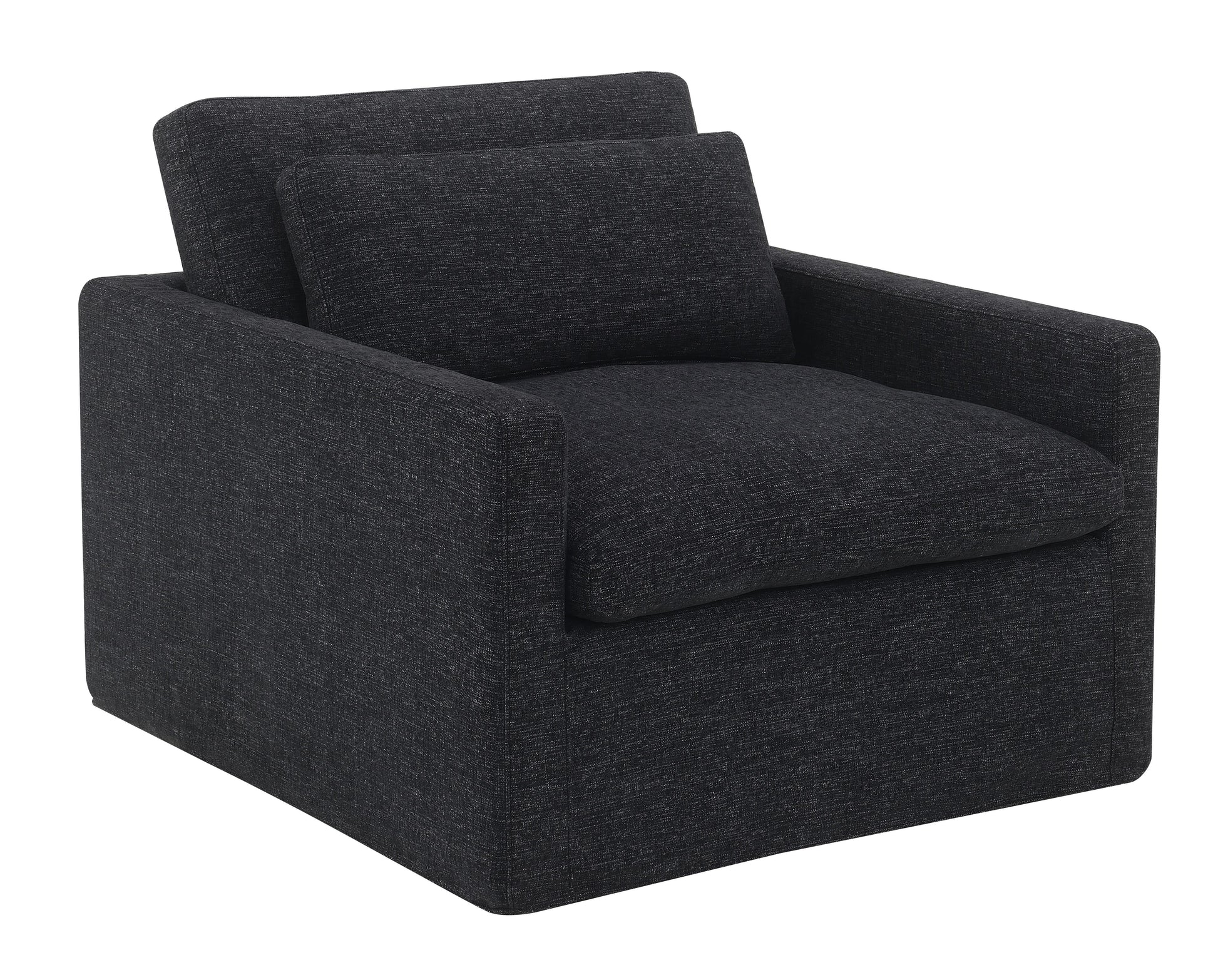 Dark charcoal fabric armchair with plush seat and back cushions for modern living rooms