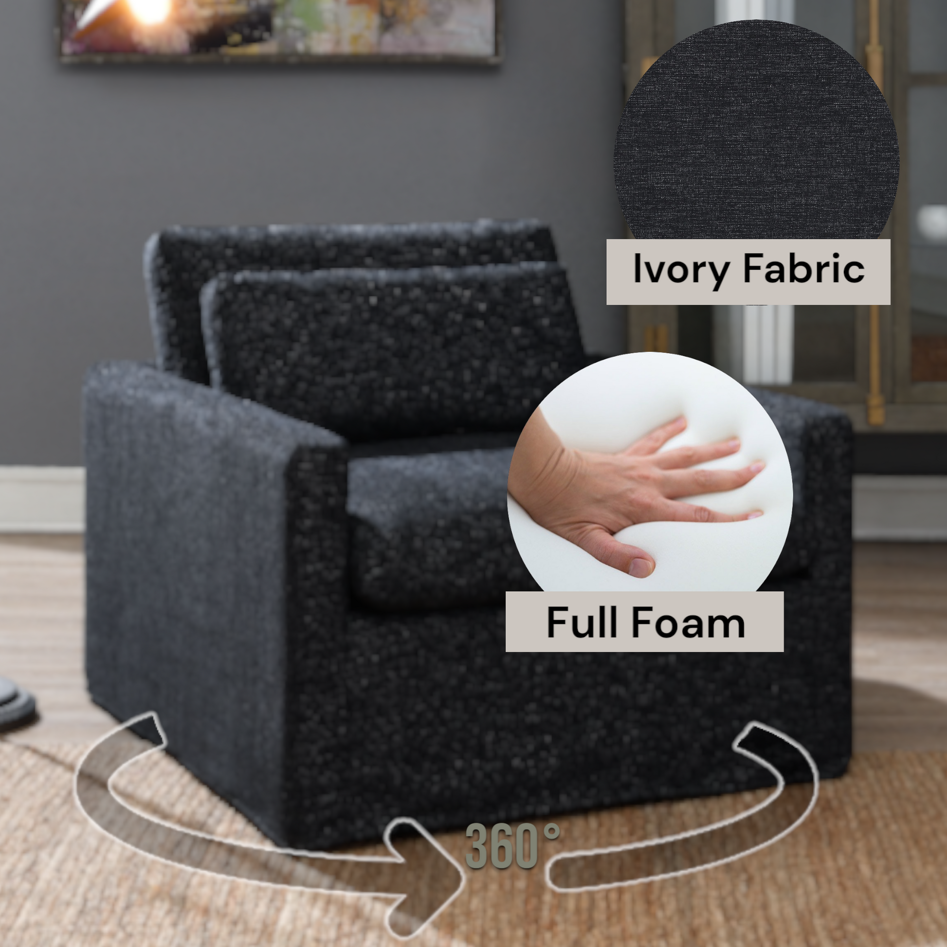 Dark charcoal textured fabric swivel chair with plush cushions for comfort