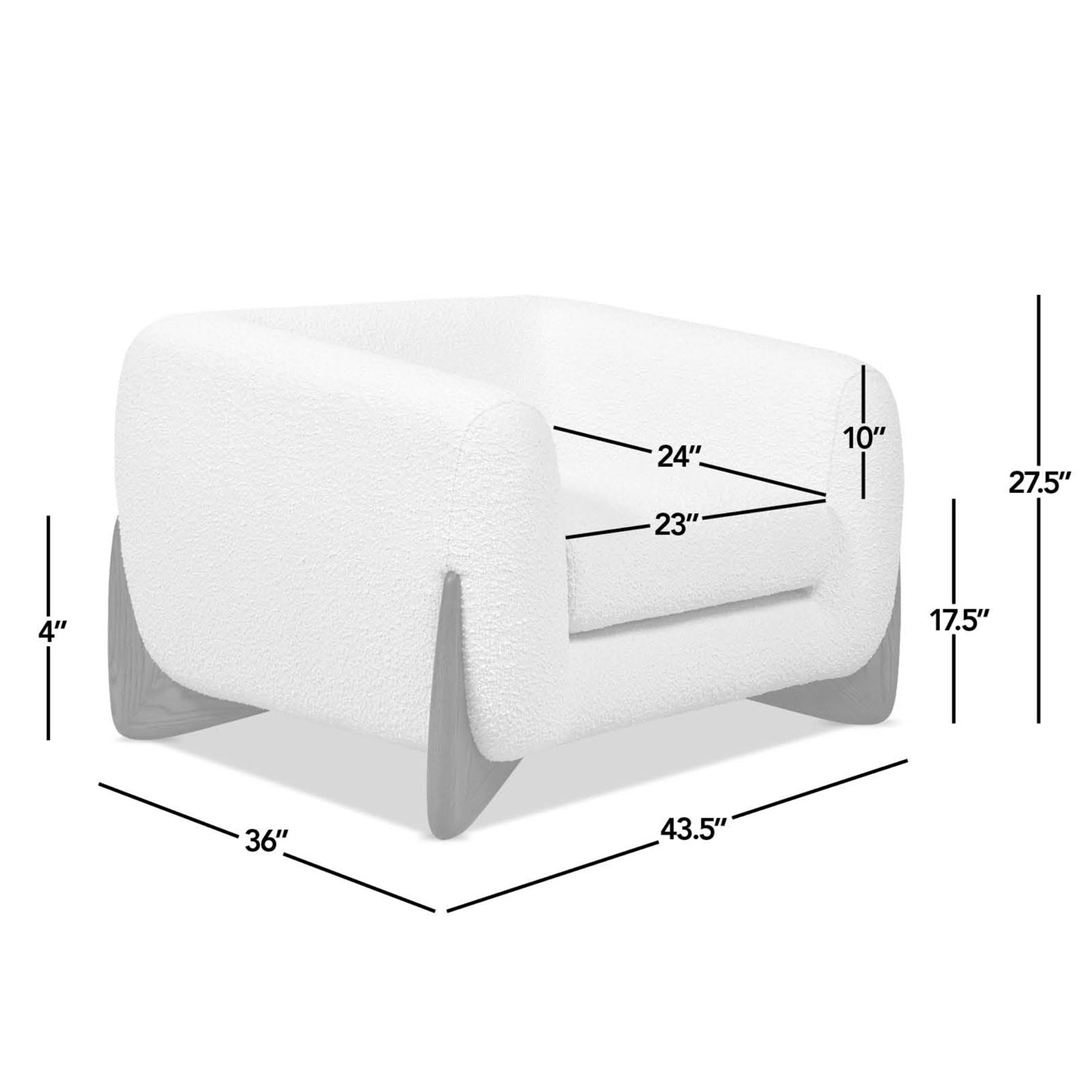 Plush white boucl accent chair with curved arms and modern wooden legs