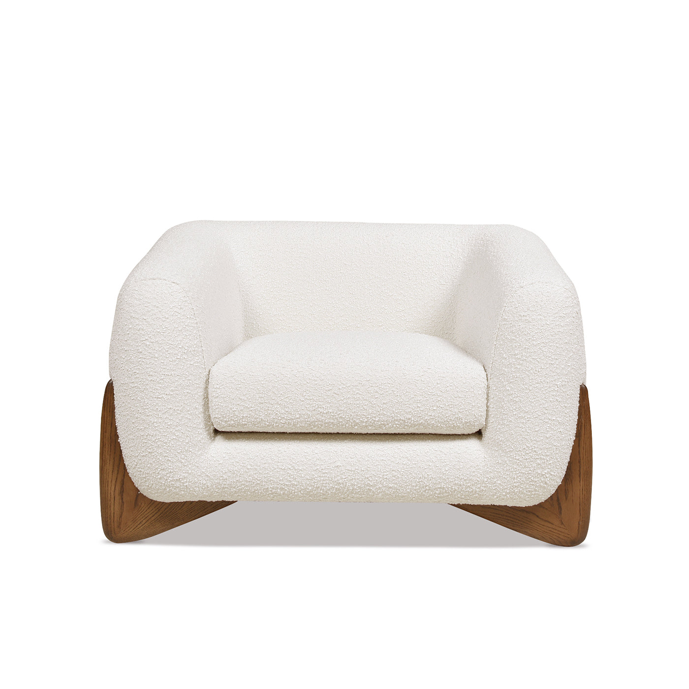 Plush white boucle armchair with curved wooden legs modern accent chair