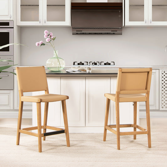Tan leather and light oak wood bar stool with minimalist design