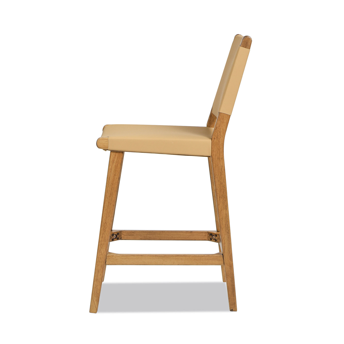 Side view of a modern tan leather and wood bar stool
