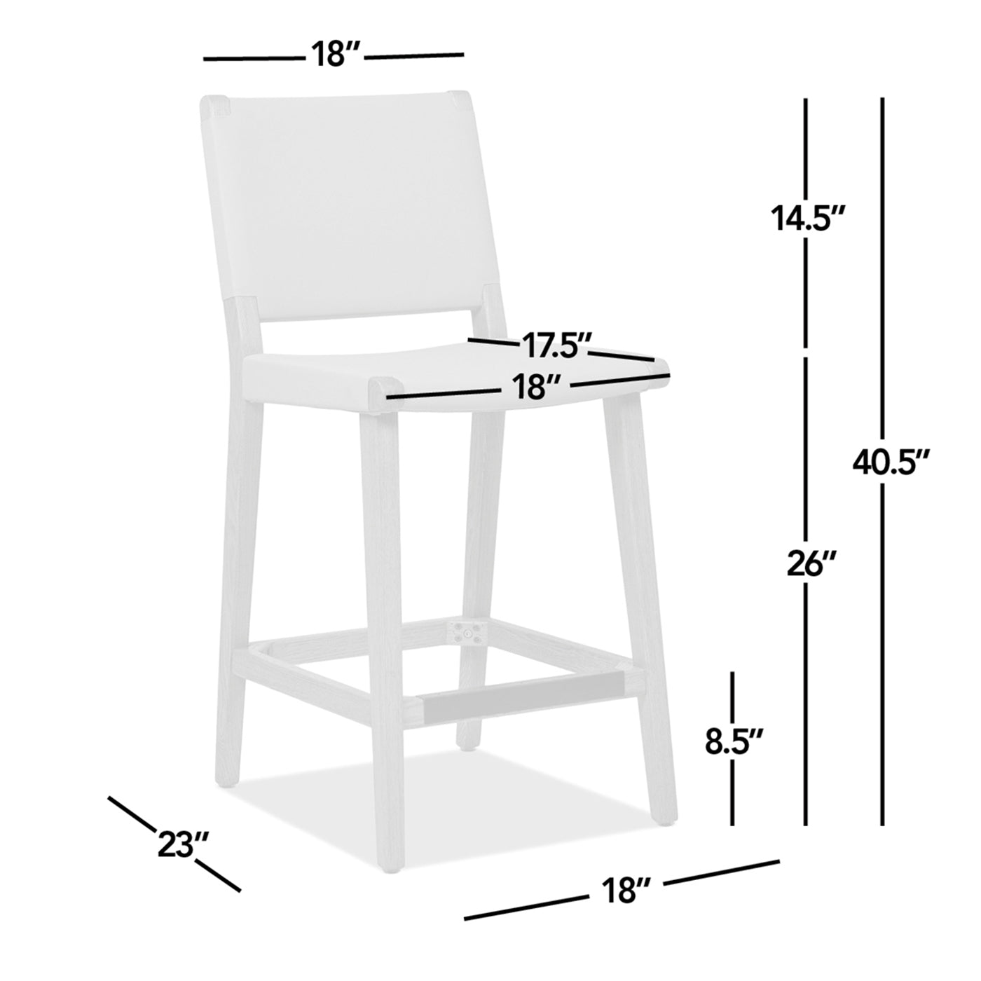 White upholstered counter stool with light wood frame and dimensions labeled