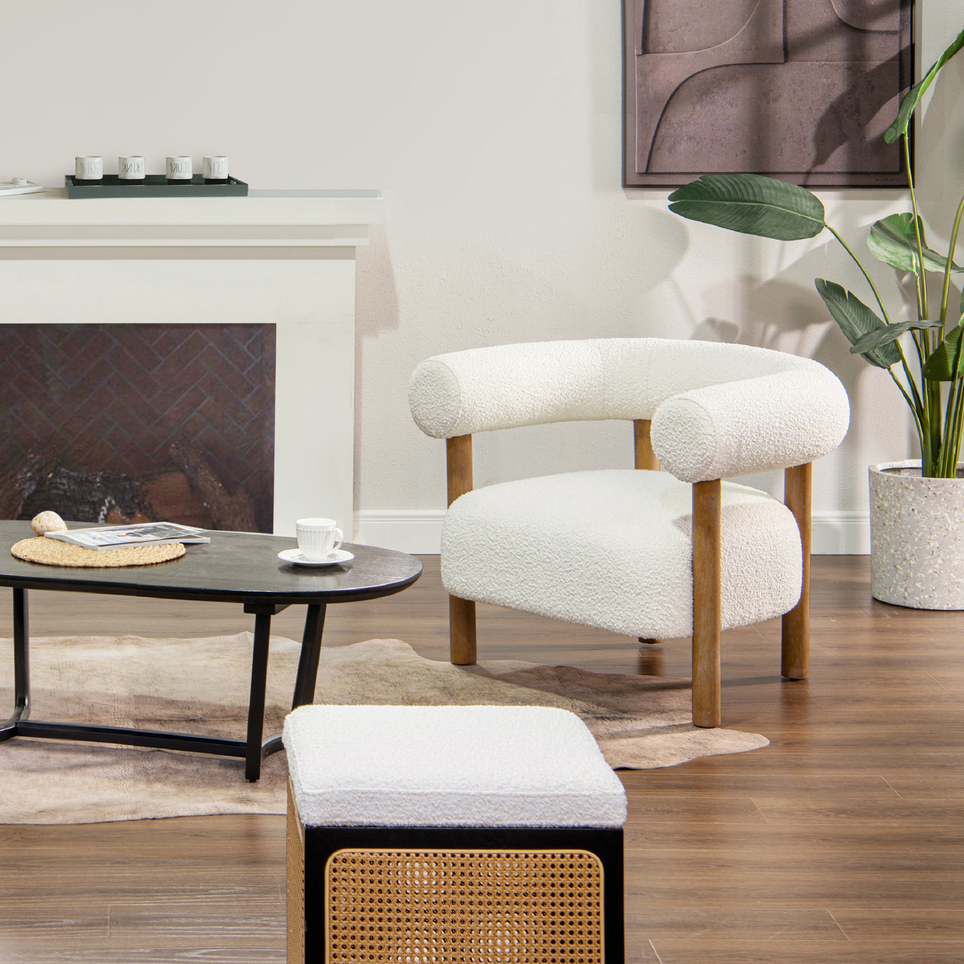 Plush white boucle armchair with natural wood legs perfect for modern living rooms