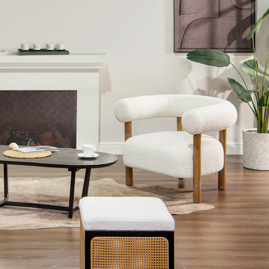Plush white boucle armchair with natural wood legs perfect for modern living rooms