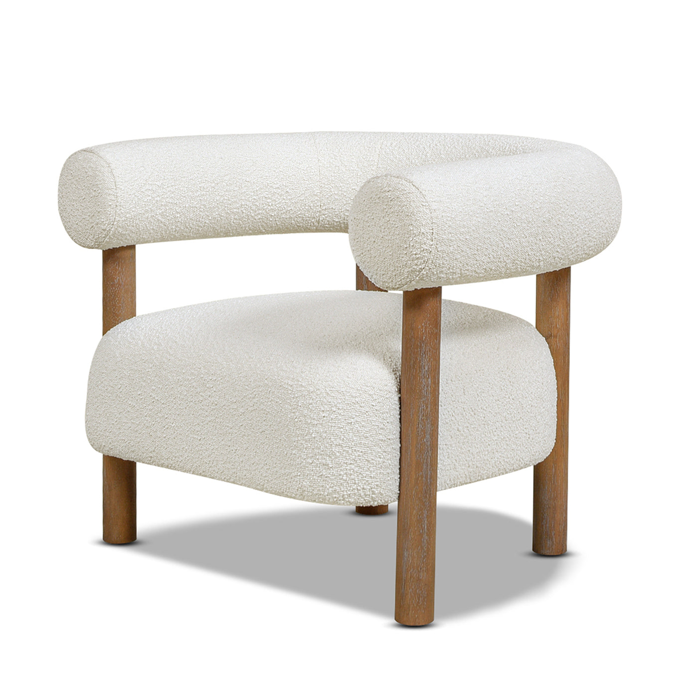 Cream boucle accent chair with rounded arms and wooden legs modern design