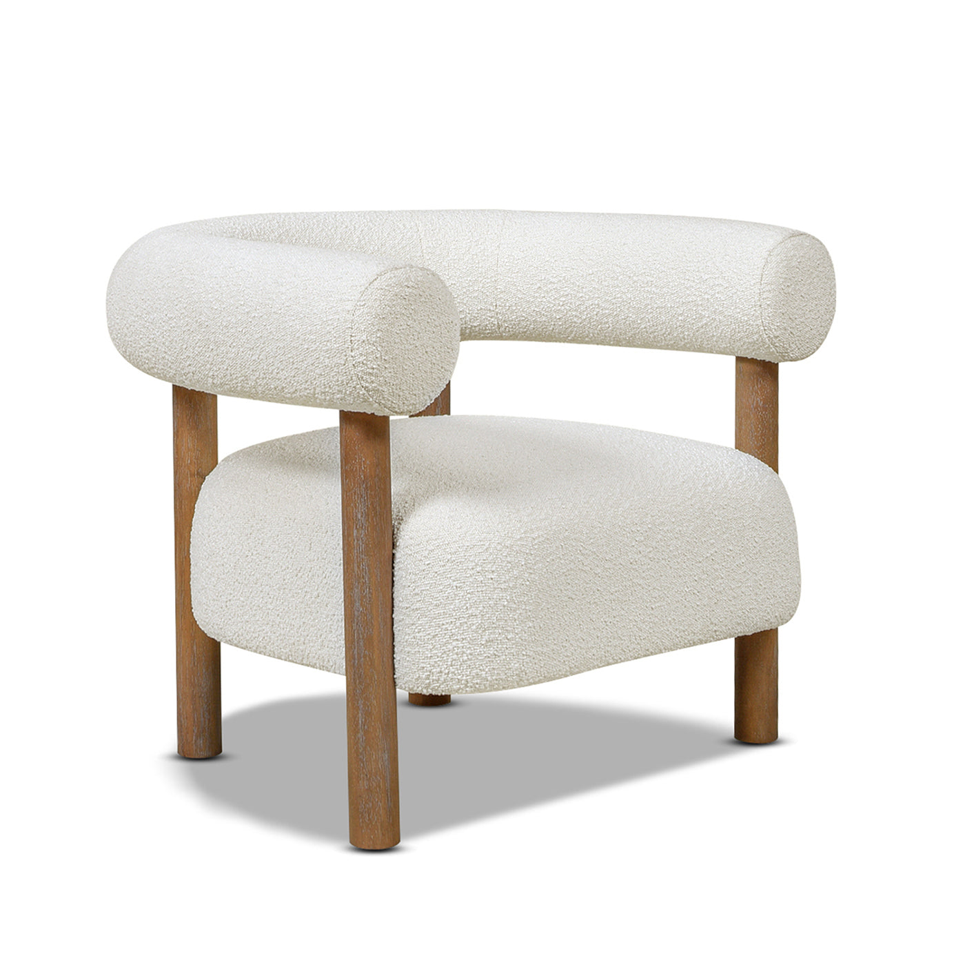Cream boucle accent chair with curved armrests and natural wood legs