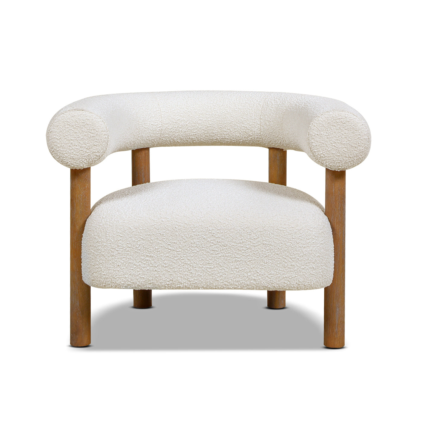 Boucl accent chair in cream with curved arms and natural wood legs