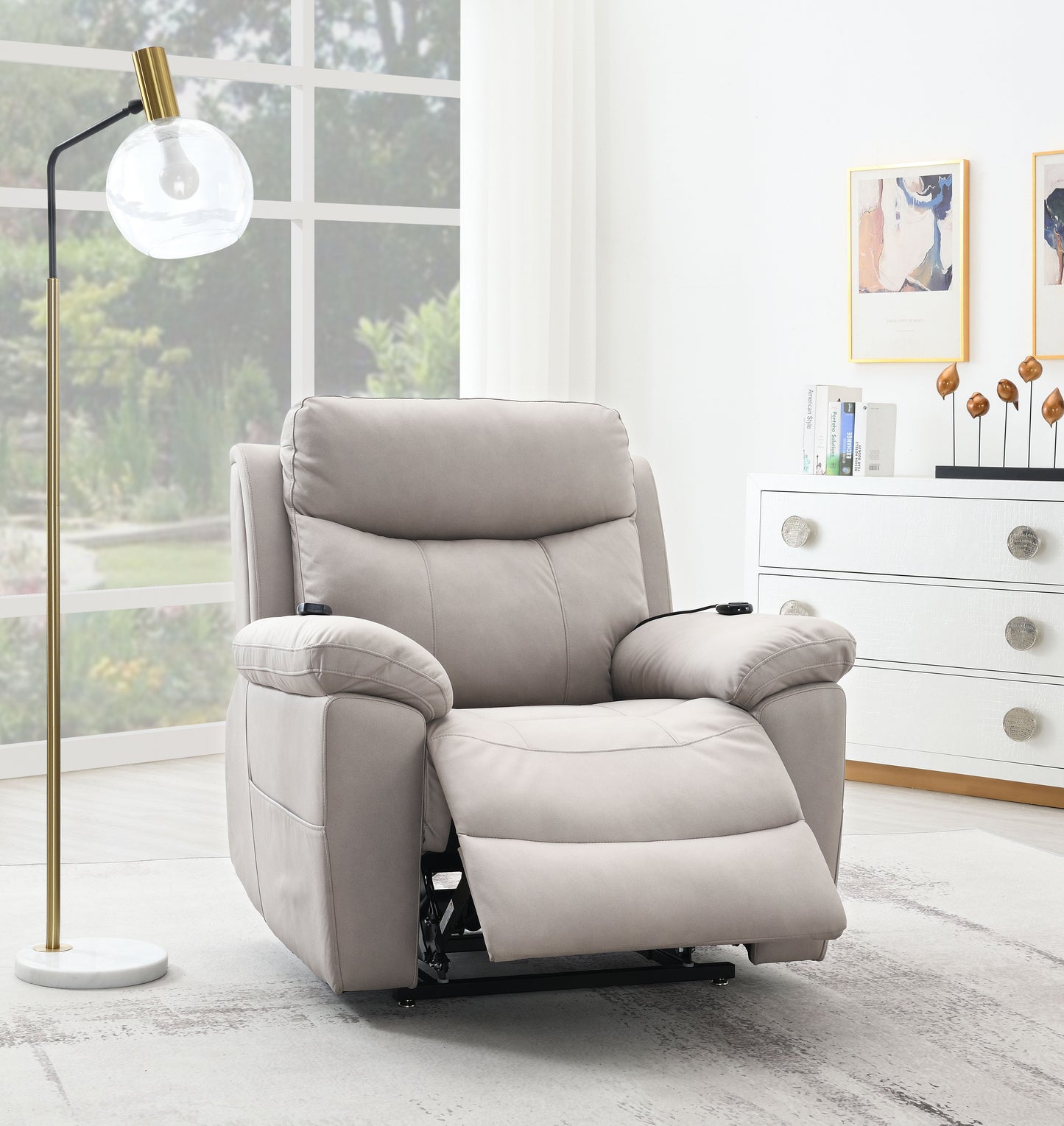 Comfortable beige recliner chair with plush cushioning and armrests