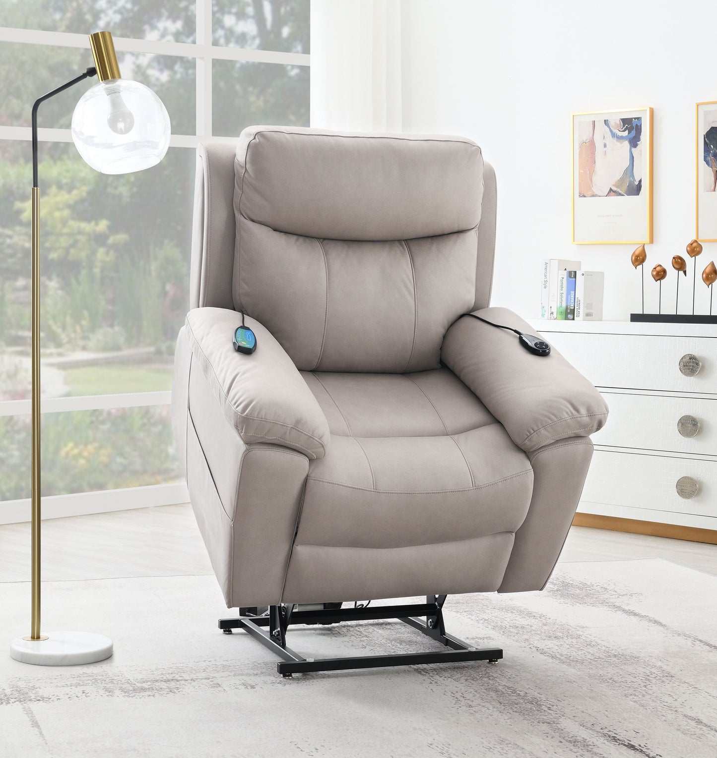 Light grey recliner chair with lift assist functionality