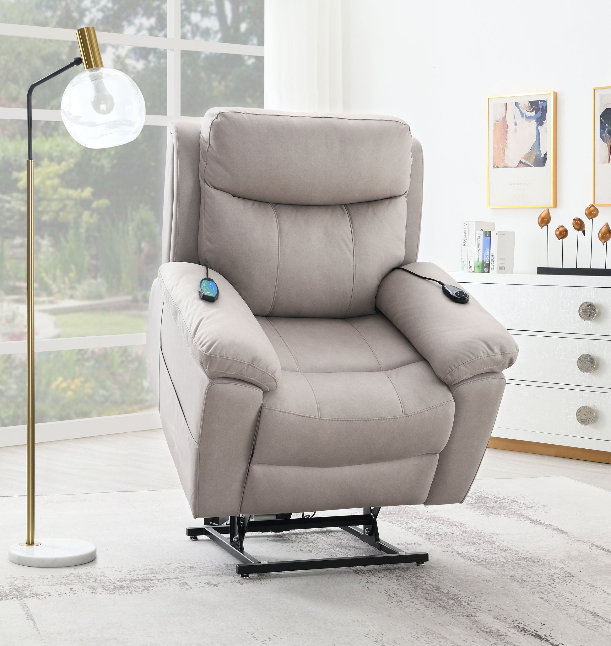Light grey recliner chair with lift assist functionality