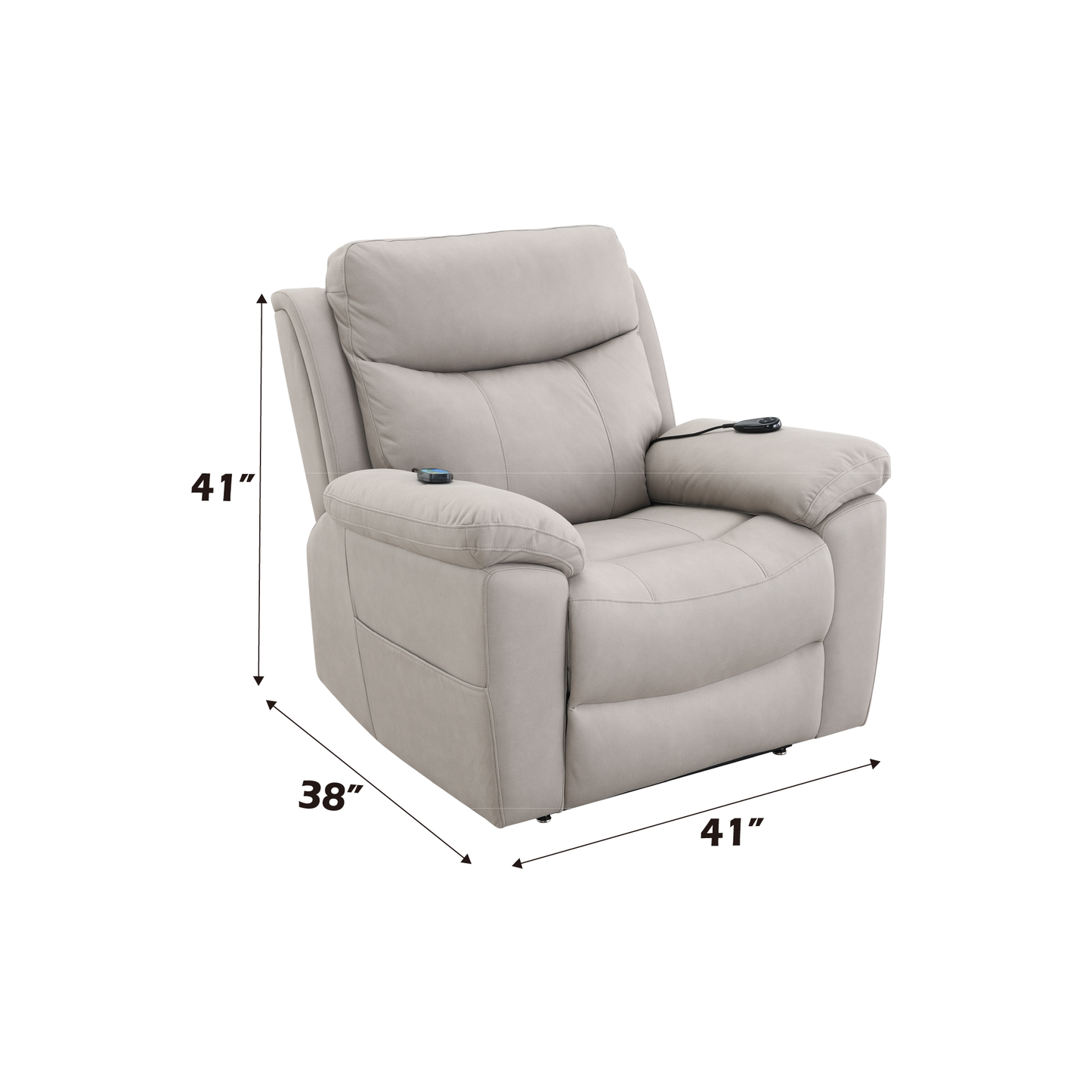 Light gray leather power recliner with side remote and stitched detailing